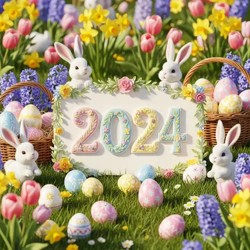 2024 Easter Celebration with Painted Eggs, Bunnies, and Flowers