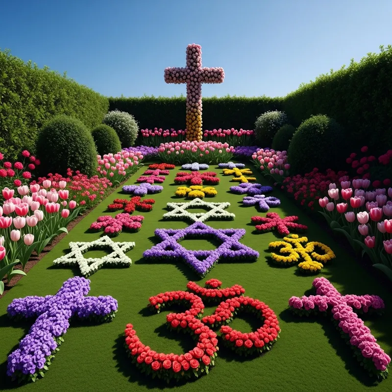 Religious Symbols Blooming in Lush Garden