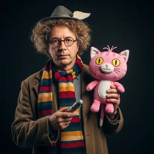 Quirky Style Middle-aged Man with Adorable Pink Feline Plush Toy