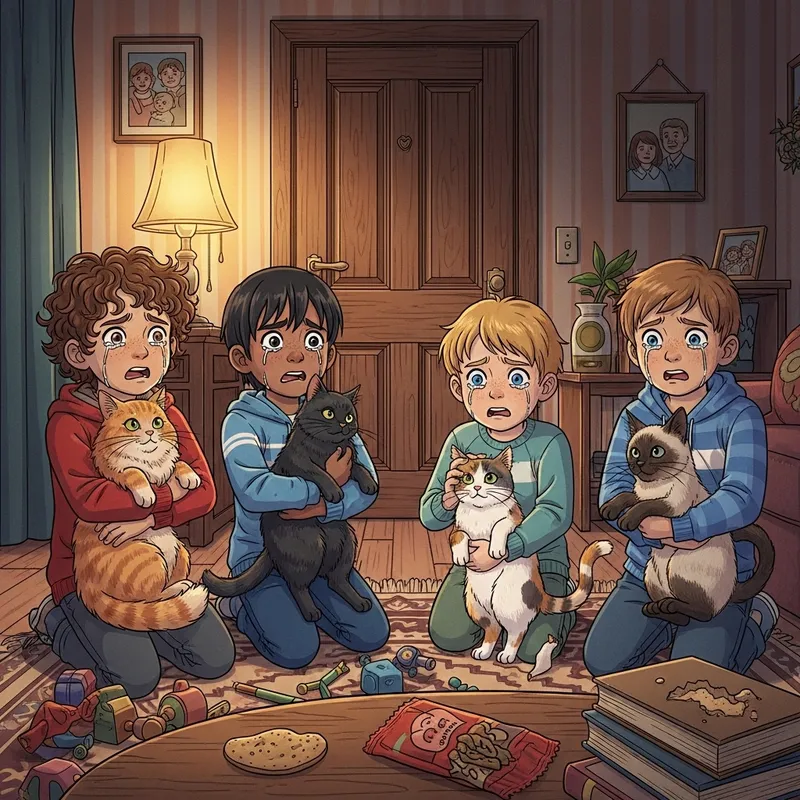 Boys Crying at Door with Cat in Distress | Emotional Home Scene