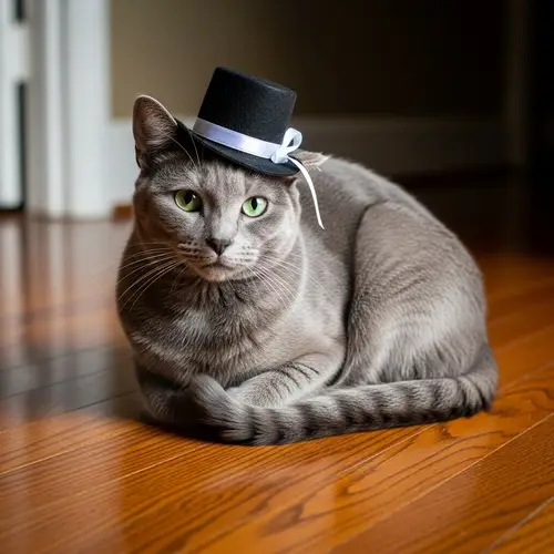 Gray Cat with Hat | Cute Cat Sitting on Wooden Floor