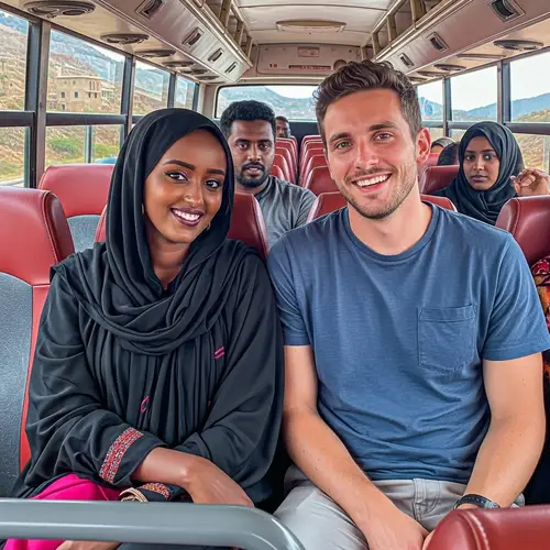 Cultural Diversity & Natural Beauty: Somali Woman and Man on Vibrant Bus Ride