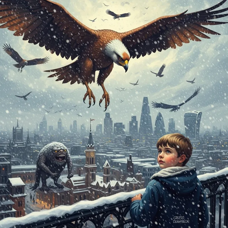 Shantak Bird in London Snowstorm, Van Gogh Style, Vertical Art