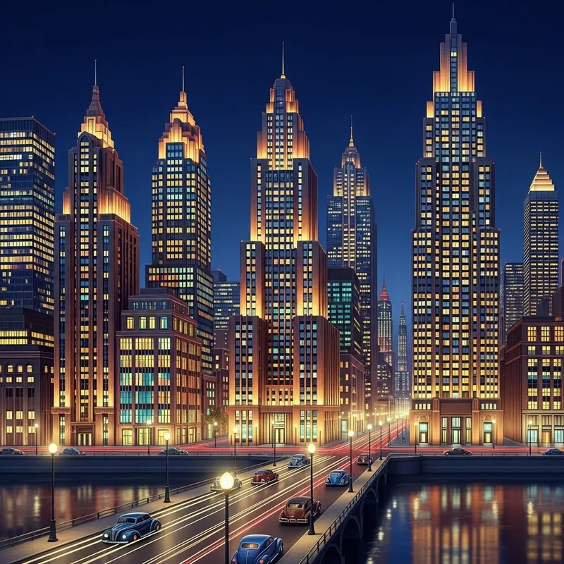 Art Deco Cityscape Night: A Glowing Urban Symphony Art Deco Cityscape Night: A Glowing Urban Symphony