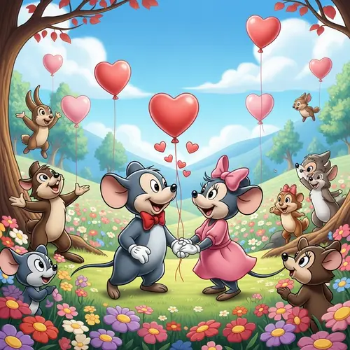 Whimsical Valley with Vibrant Flowers & Loving Mice