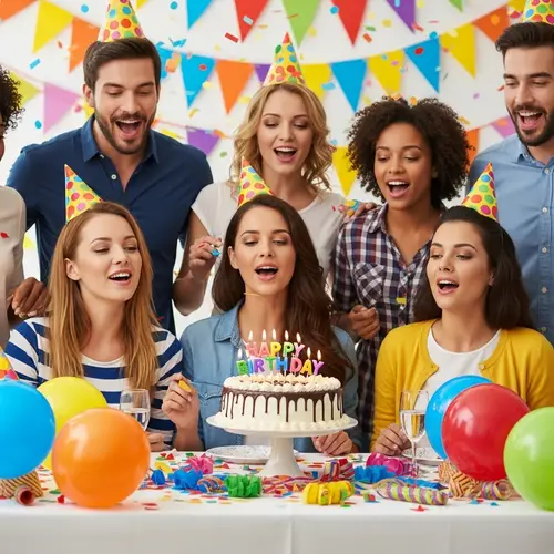 Cheerful Birthday Scene with Colorful Cake and Happy People