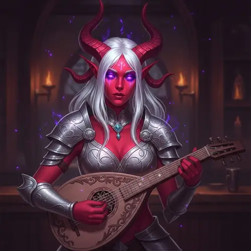 Enchanting Tiefling Bard Character Art in Dim Tavern | Fantasy Digital Painting