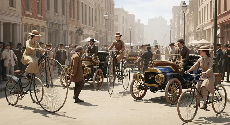 19th Century Street with Vintage Cars and Bicycles in Mixed Cultural Scene