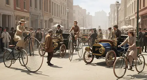 19th-Century Street with Vintage Cars and Bicycles