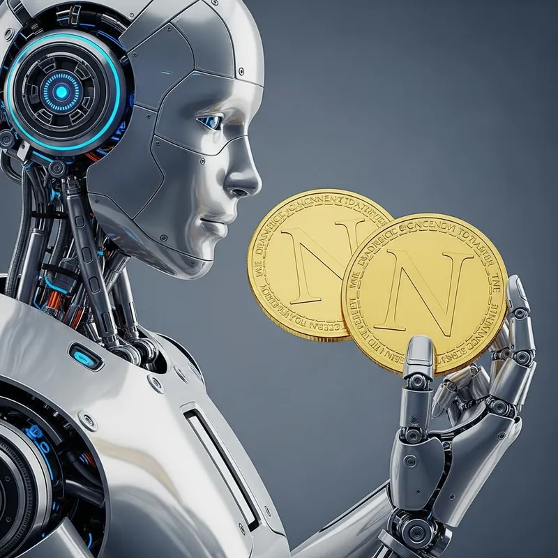 Futuristic AI Robot Holding Golden Coins with 'N' - A Symbol of Innovation