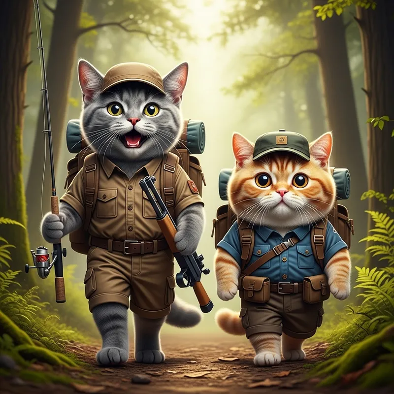 Realistic Gray Tomcat in Hiking Outfit | Forest Scene