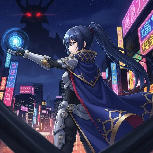 Anime-Inspired Digital Illustration: Young Girl Casting Energy Spell in Futuristic Armor