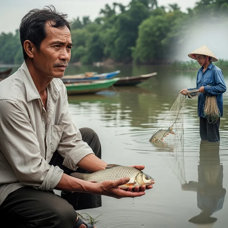Vietnamese Man Contemplating Fishing Retaliation, Portrait Photo