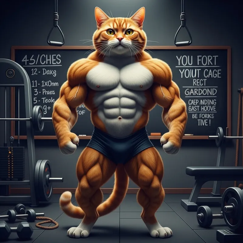 Orange Bodybuilder Cat Scene - Impressive Feline Gym Display