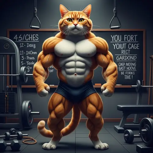 Orange Bodybuilder Cat - Muscular Feline Gym Scene