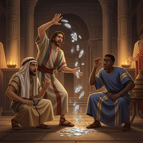 Ancient Middle East Scene: Judas Betrays with Silver Coins