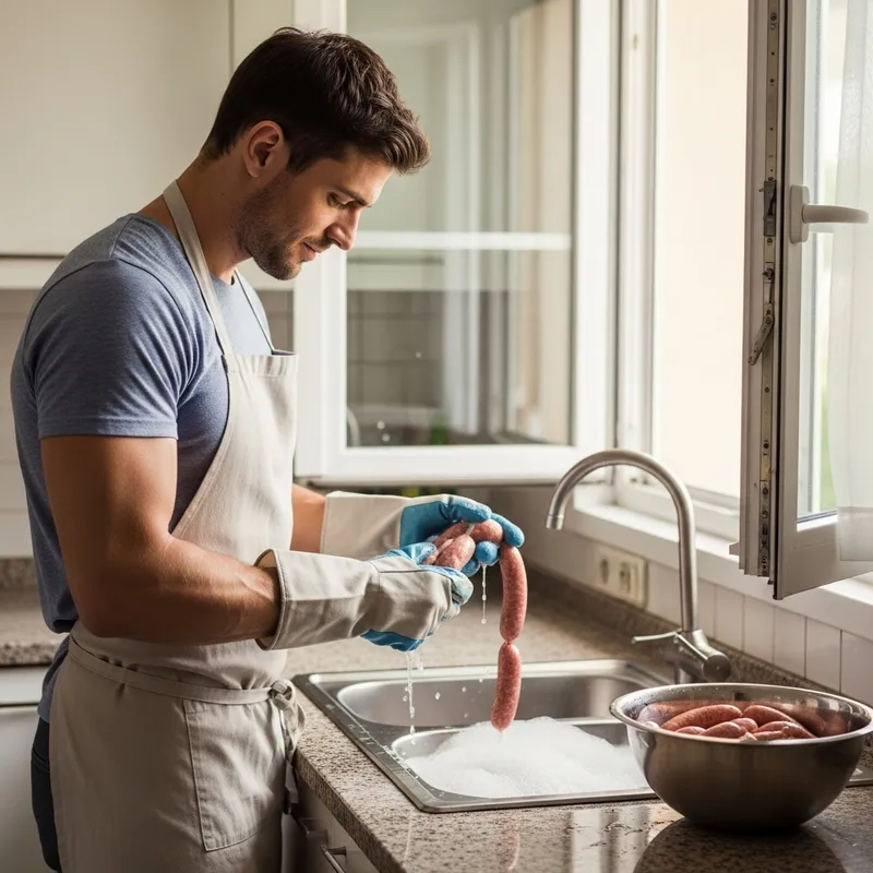 Muscular Man Cleaning Raw Sausages in Kitchen | Domestic Scene Muscular Man Cleaning Raw Sausages in Kitchen | Domestic Scene