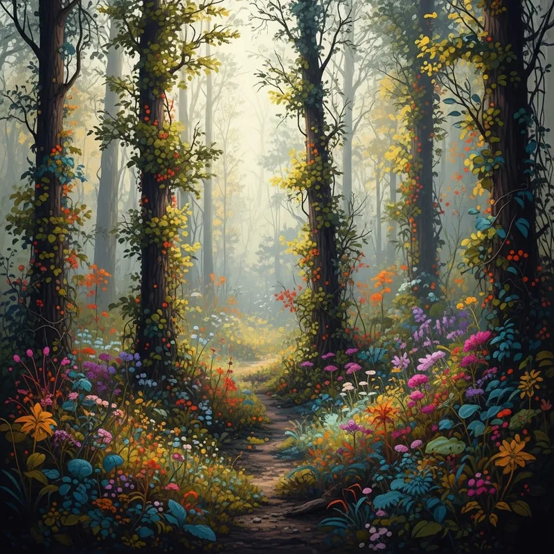 Abstract Forest Ecosystem: Mystic Flora and Wildlife