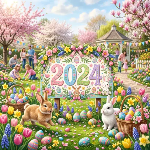 2024 Easter Celebration with Painted Eggs, Bunnies, and Flowers