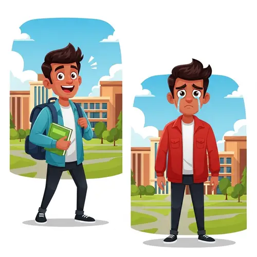 South Asian Male Student Cartoon - Happy & Sad Illustrations