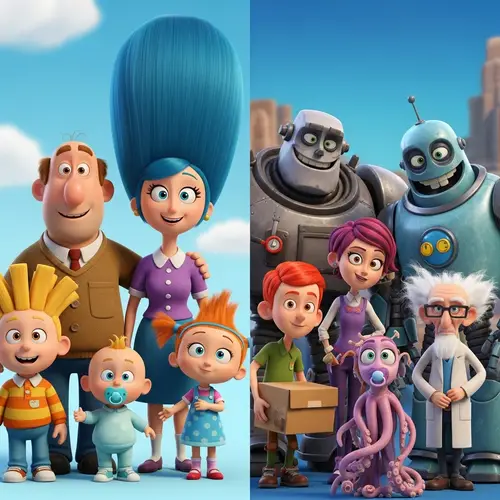 3d picture -homer, marge, bart, liza, maggy simpsons family with futurama crew - fry, leela, bender, zoidberg, farnsworth