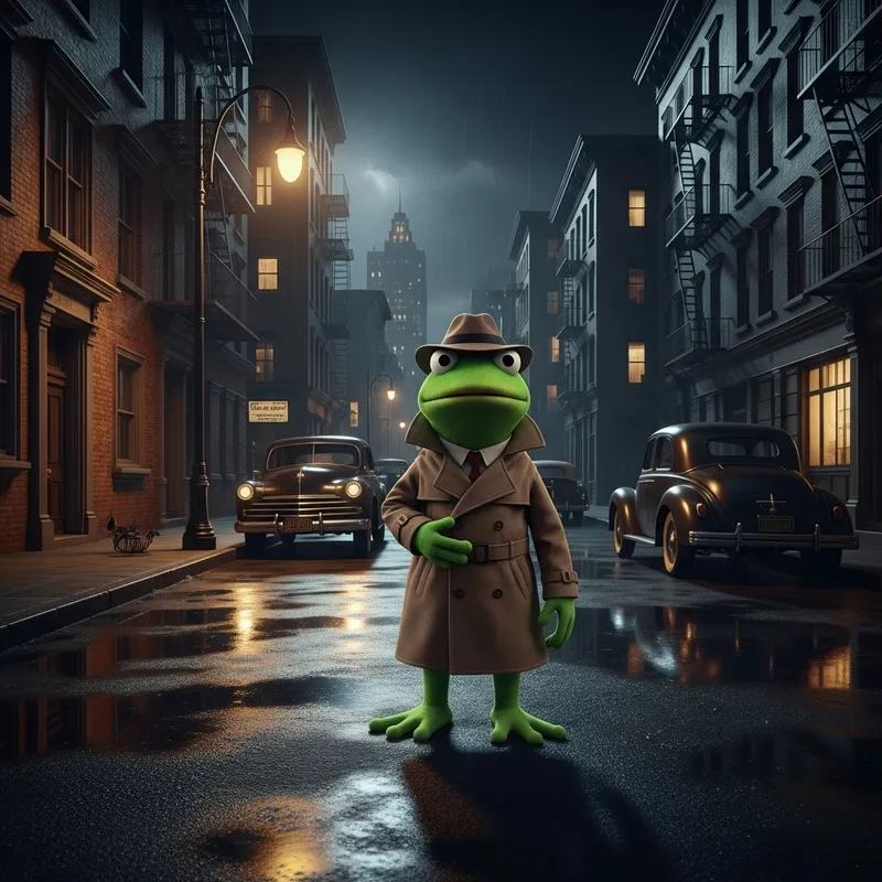 Kermit: Gritty Noir Detective in Film Noir City | Mystery Character