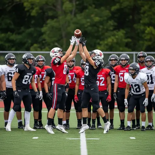 Intense Football Face-Off: Diverse Teams Reaching for the Ball