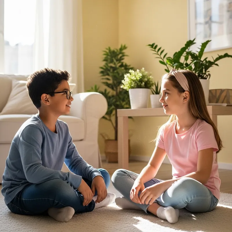 Young Hispanic Boy and Caucasian Girl Sitting on Floor Chatting