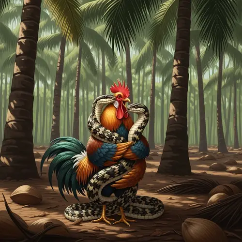 Rooster and Snake Friendship in Enchanted Coconut Forest