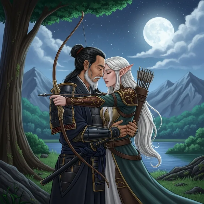 Intimate Moment: Aged Samurai Embraces Beautiful Elf Archer Under Moonlight