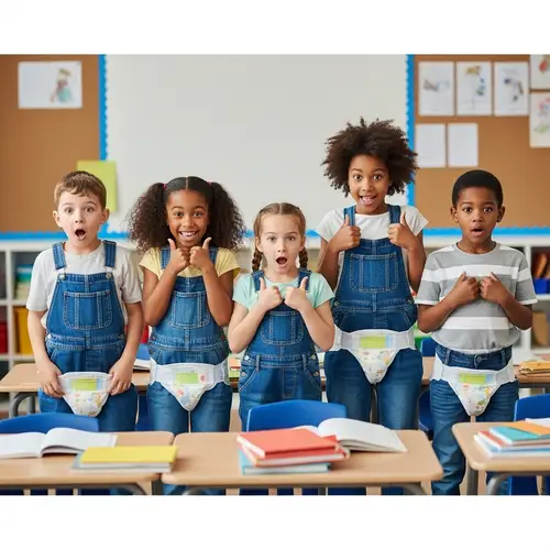 Surprised Kids in Diaper-Like Overalls in Classroom