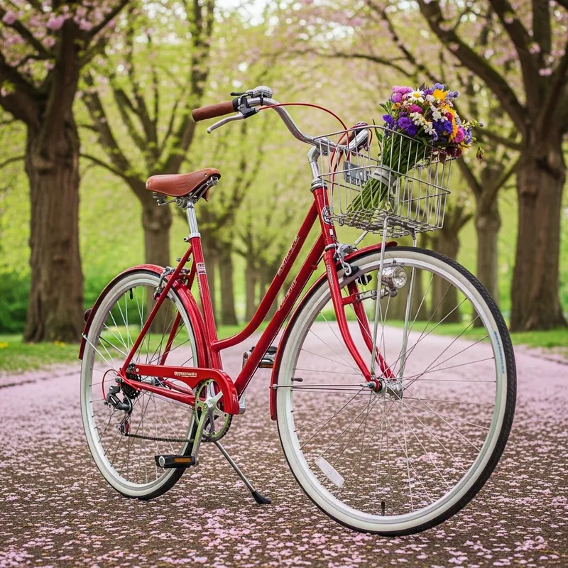 Vintage Red Bicycle in Sunlit Park | Classic Bike with White-Walled Tires Surrounded by Cherry Blossoms