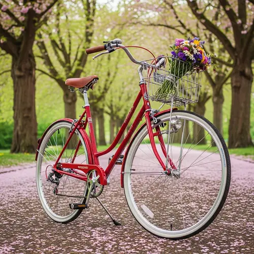 Vintage Red Bicycle in Sunlit Park | Classic Bike with White-Walled Tires