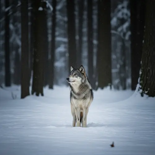 Serene Snowy Forest Landscape with Lone Wolf - Night Tranquility