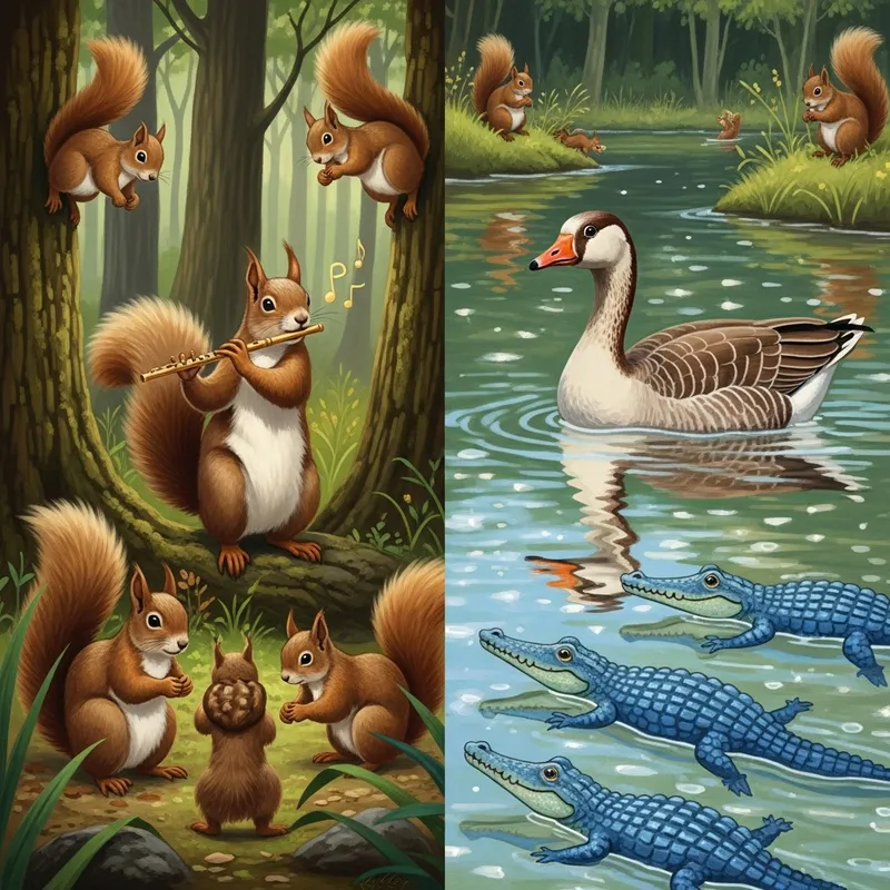 Enchanting Woodland Illustration with Musical Squirrels and Mythical Amphibians Enchanting Woodland Illustration with Musical Squirrels and Mythical Amphibians