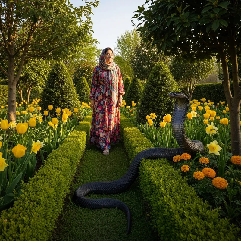 Bikini Beauty in a Lush Garden with a Cobra