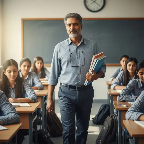 Experienced South Asian Male Teacher in Modern Classroom