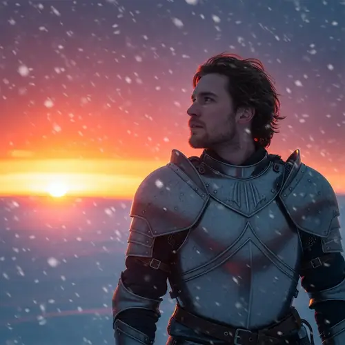 Lone Steel-Clad Warrior in a Dazzling Sunset