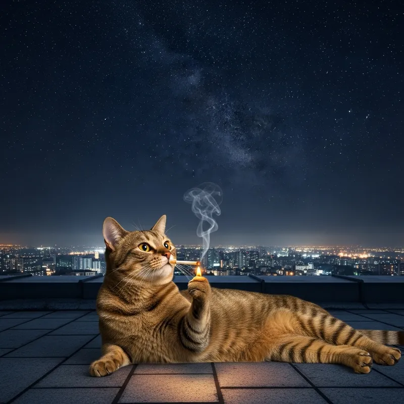 Urban Cat Enjoying Night Sky on Rooftop | Tranquil Scene