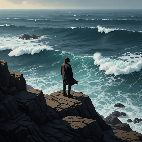 Figurative Existence on Cliff Overlooking Tumultuous Ocean