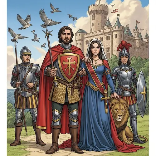 Male and Female Public Figures at Castle with Soldiers and Lion