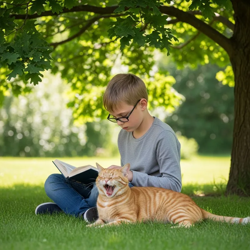 Boy and Cat sitting peacefully under Oak Tree