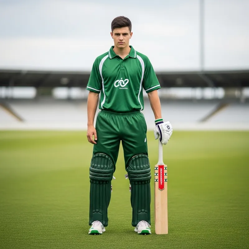 Young Fair-Skinned Boy in Green Cricket Uniform