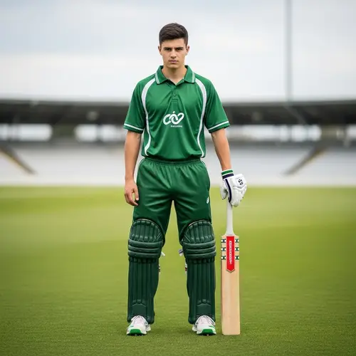 Young Fair-Skinned Cricket Player in Full Green Uniform