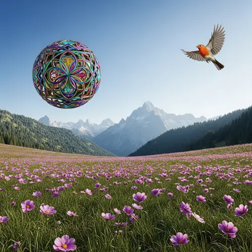 Metallic Flowers in Mountain Landscape with Red Robin and Sacred Geometry