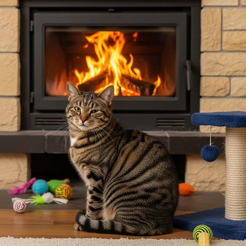 Cozy Cat by the Fireplace - Playful and Tranquil Scene