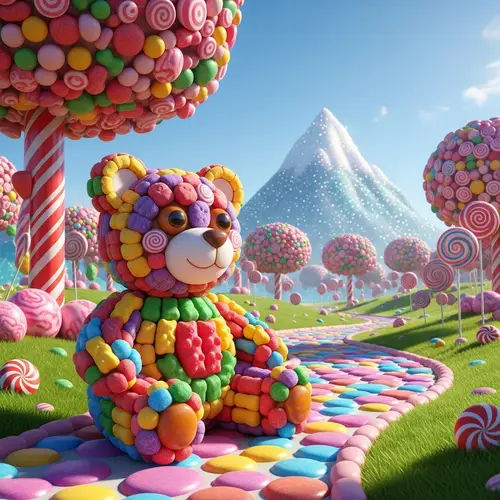 Candy Land: Whimsical Bear and Sugar-coated Mountain