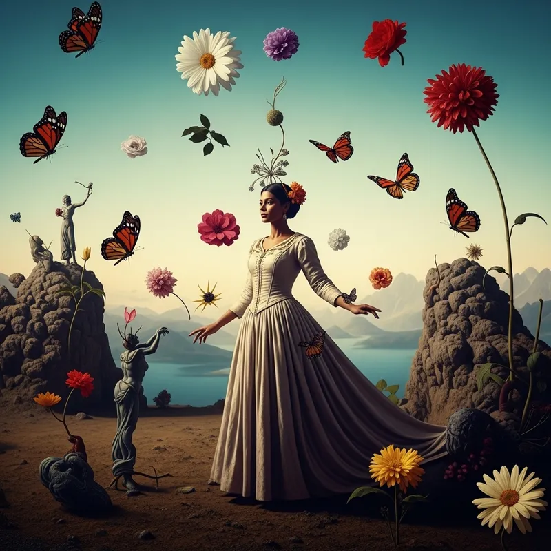 Ethereal Beauty: Woman in Flowing Gown surrounded by Flowers and Butterflies