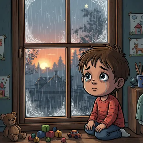 Sad Child Looking Out the Window Cartoon