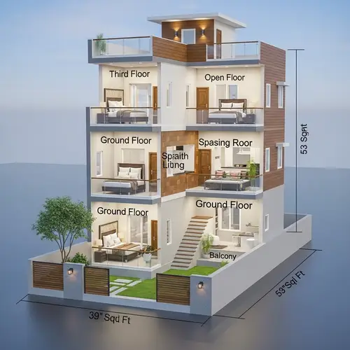 Architecturally Accurate Three-Story Home Design | 39x53 Plot | 832 Sq Ft House